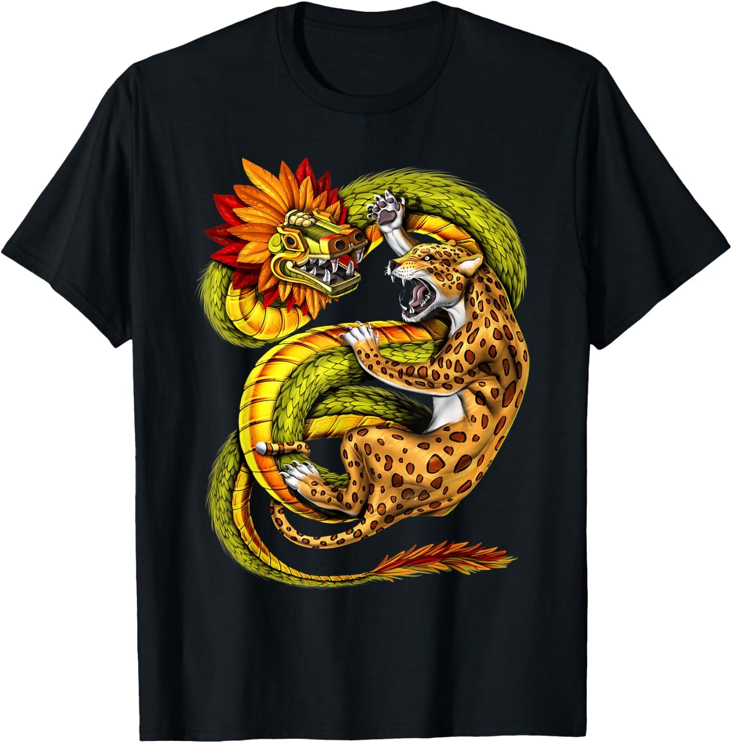 Aztec Feathered Serpent God Quetzalcoatl Aztec Jaguar T-Shirt - T-Shirt | Black