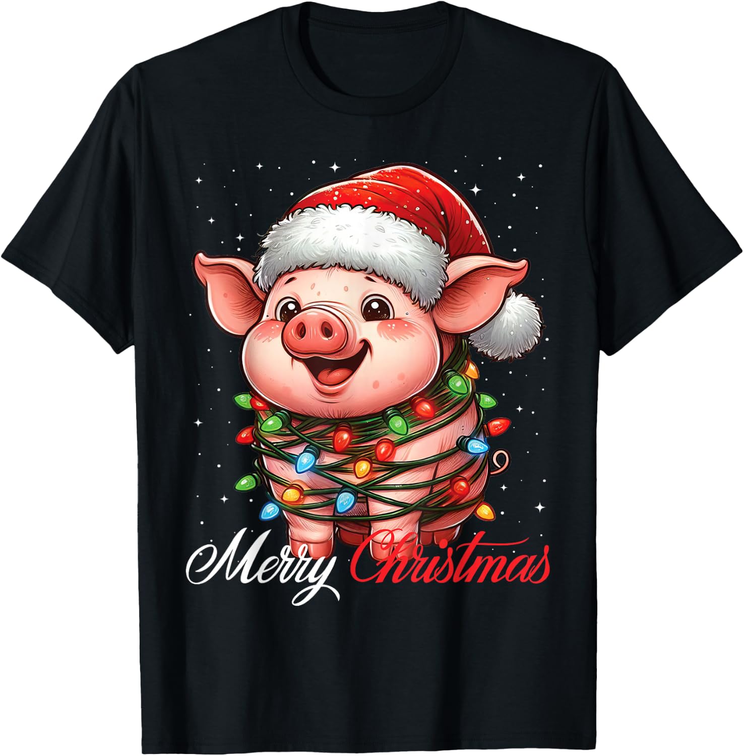 Pig Merry Christmas Lights Santa Hat Xmas Snow T-Shirt - T-Shirt | Black