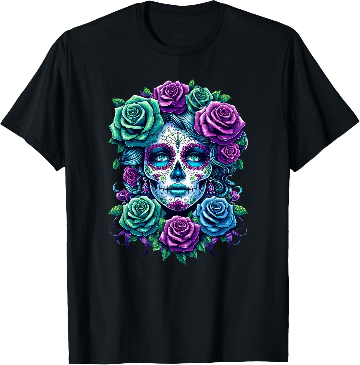 Dia de Muertos Cinco de Mayo Sugar Skull Women Flowers Roses T-Shirt - T-Shirt | Black