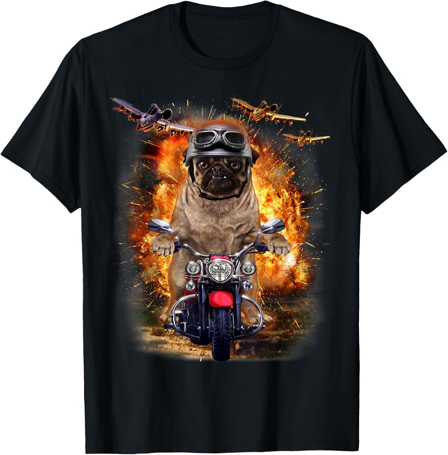 Grumpy Pug Dog Ride Motorcycle Through Battle Men Women Kids T-Shirt - T-Shirt | Black