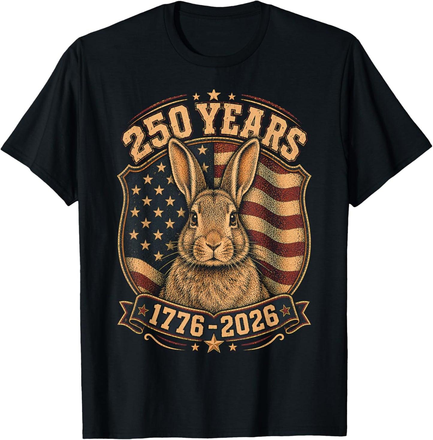 250th Anniversary USA 2026 American Flag Patriotic Rabbit T-Shirt - T-Shirt | Black
