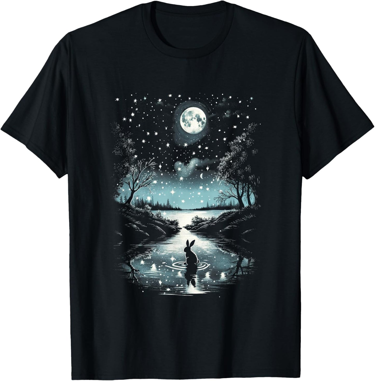 Serene Moonlit Bunny Moon Rabbit Night Sky T-Shirt - T-Shirt | Black