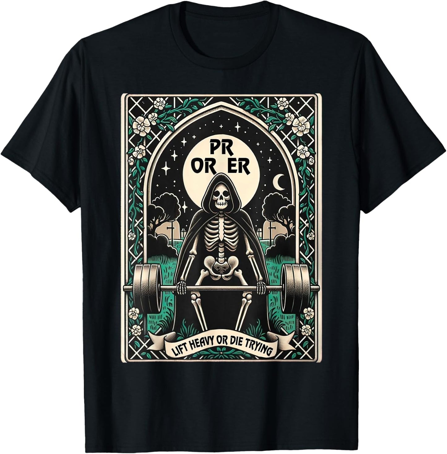 Skeleton Gym, Halloween Pump Cover, PR OR ER Card Tarot T-Shirt - T-Shirt | Black