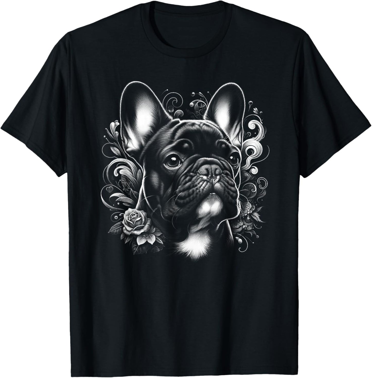 Cute French Bulldog with Flower Decoration , black T-Shirt - T-Shirt | Black