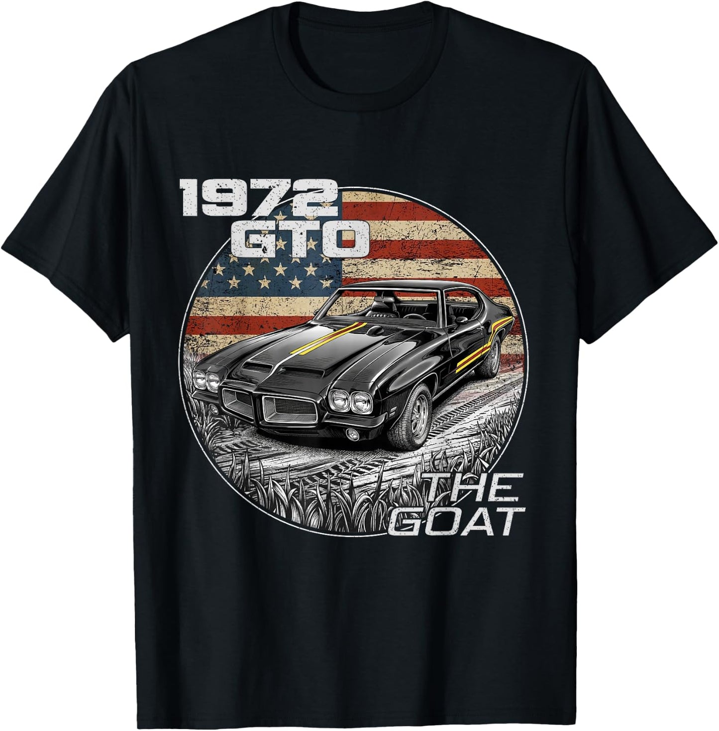 72 1972 GTO American Flag Silhouette Muscle Car T-Shirt - T-Shirt | Black