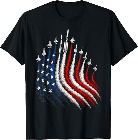 4th of July Space Rockets Patriotic USA Smoke Trail T-Shirt - T-Shirt | Black
