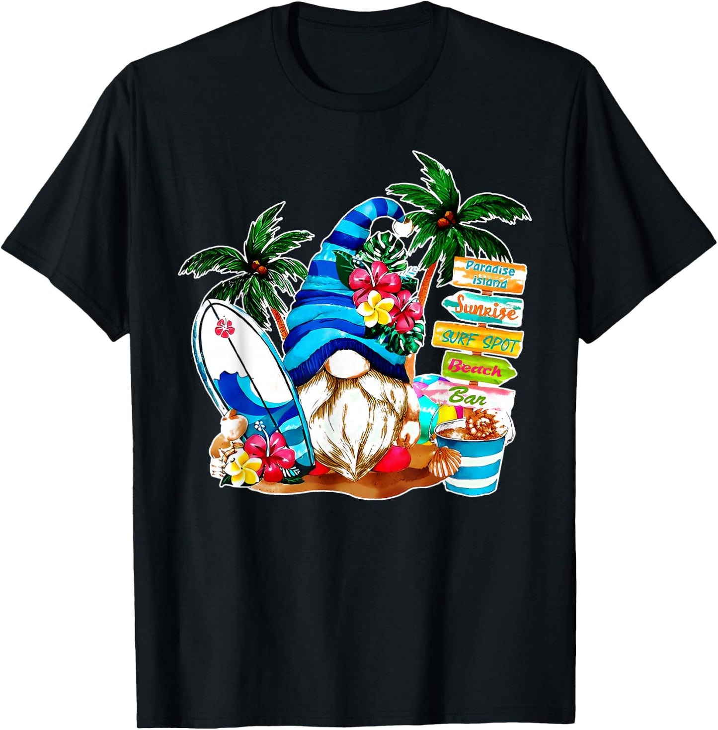 Holiday Beach Gnome Flower Palm Tree Surf Vacation Gnomies T-Shirt - T-Shirt | Black