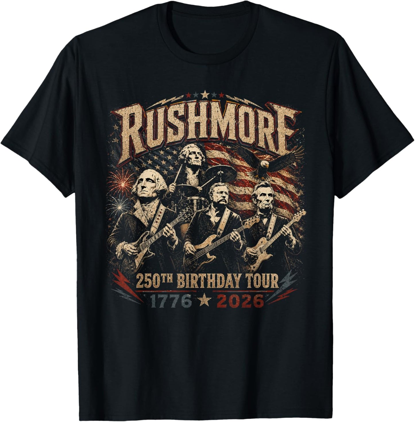 Funny Mount Rushmore 250th Birthday Tour Rockstar Graphic T-Shirt - T-Shirt | Black