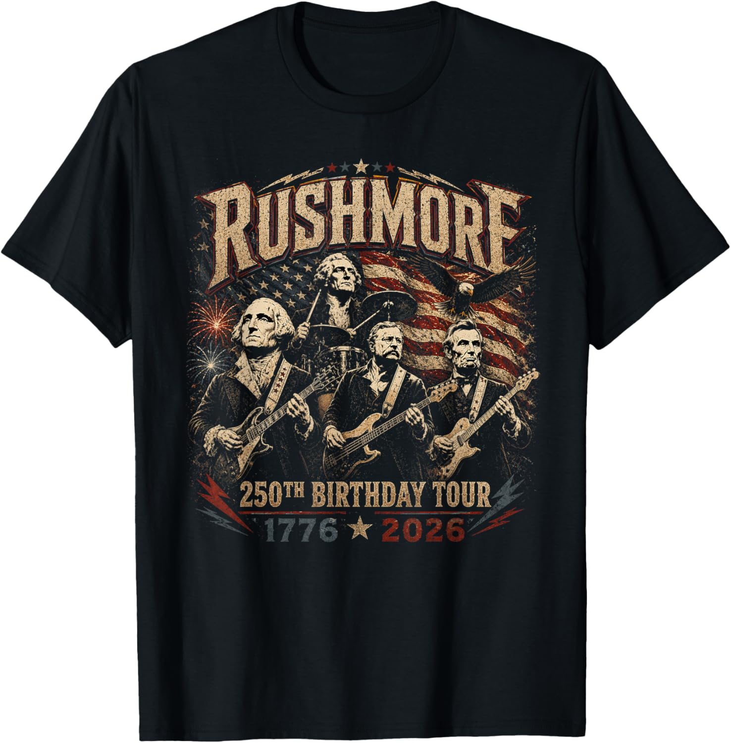 Funny Mount Rushmore 250th Birthday Tour Rockstar Graphic T-Shirt - T-Shirt | Black
