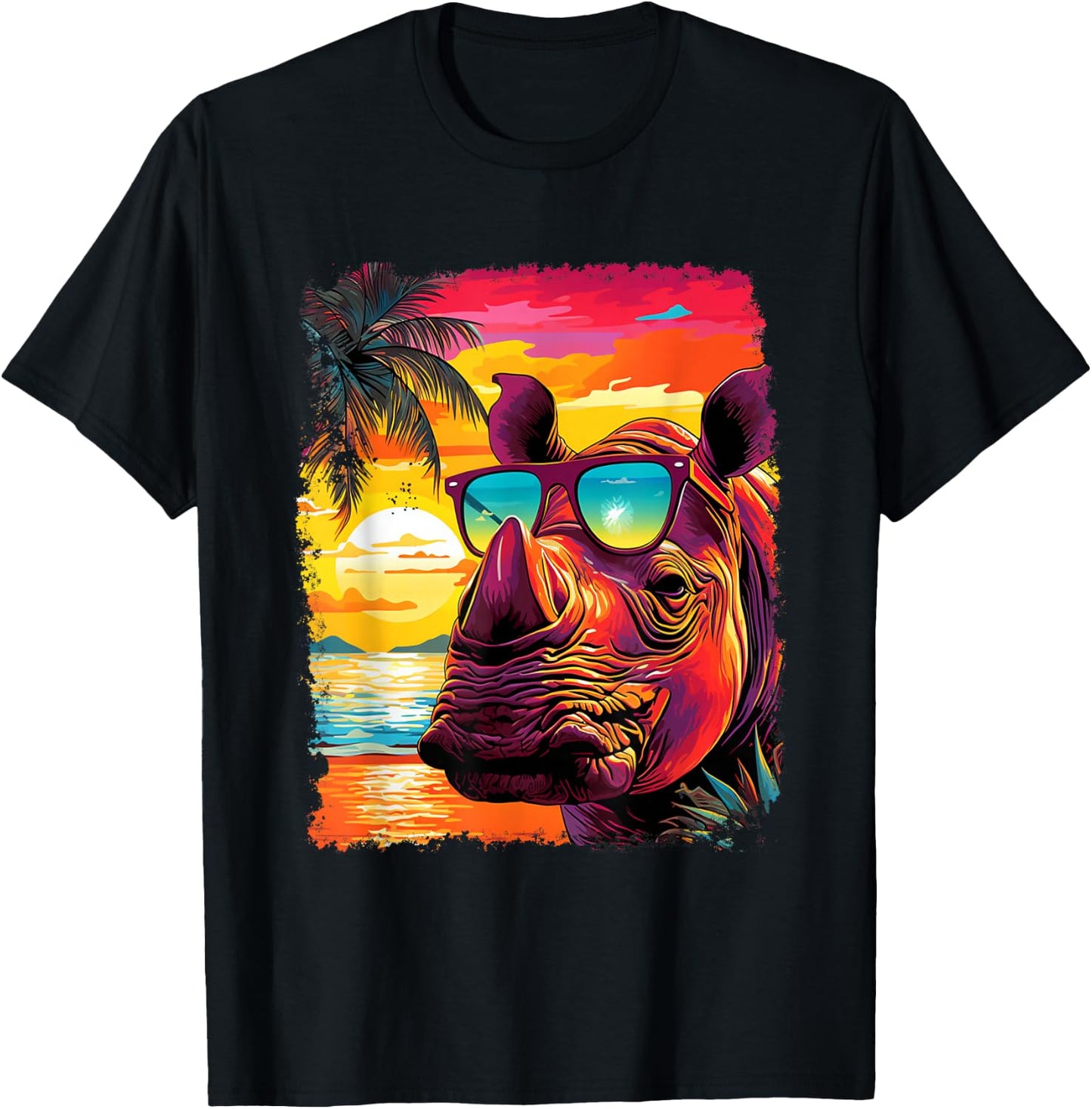 Rhinoceros Pop Art Vintage Zoo Animal Rhino Hawaiian T-Shirt - T-Shirt | Black