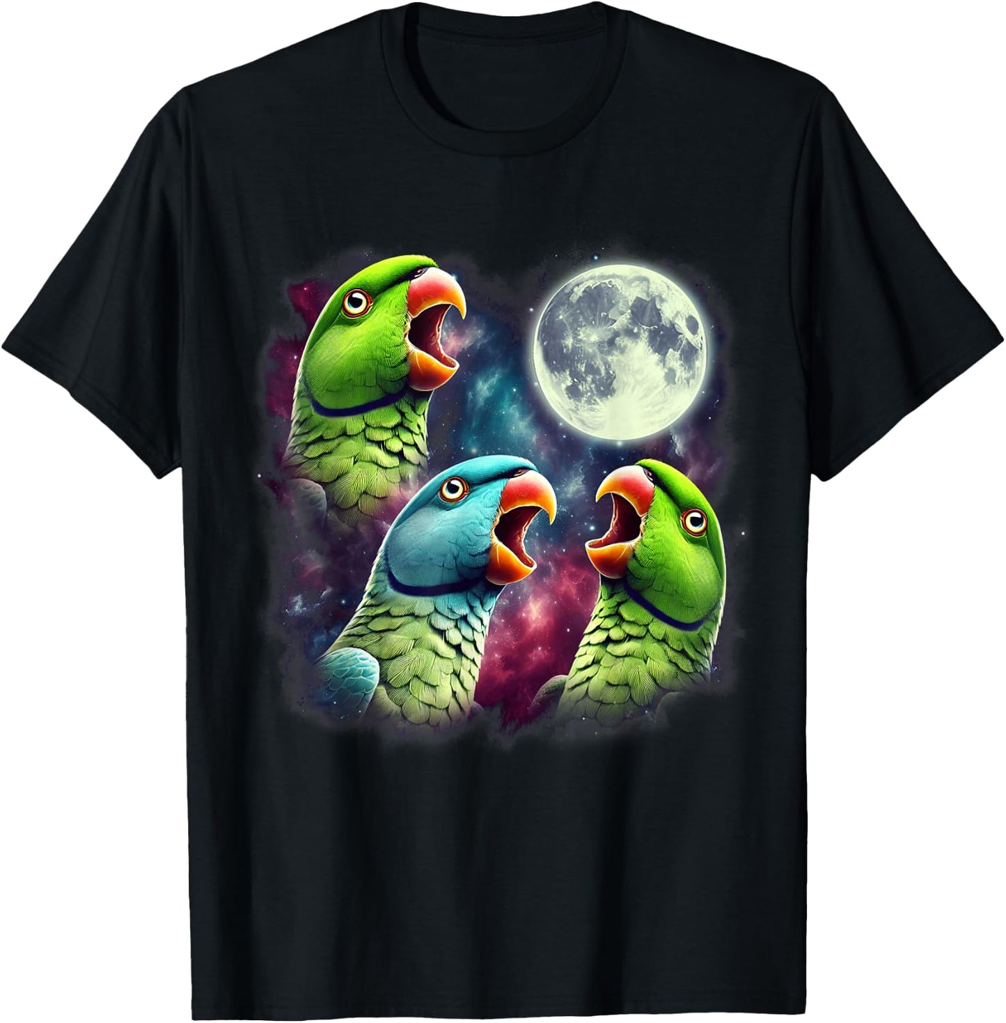 Three Indian Ringneck Parrots Howling at Moon Funny Meme T-Shirt - T-Shirt | Black