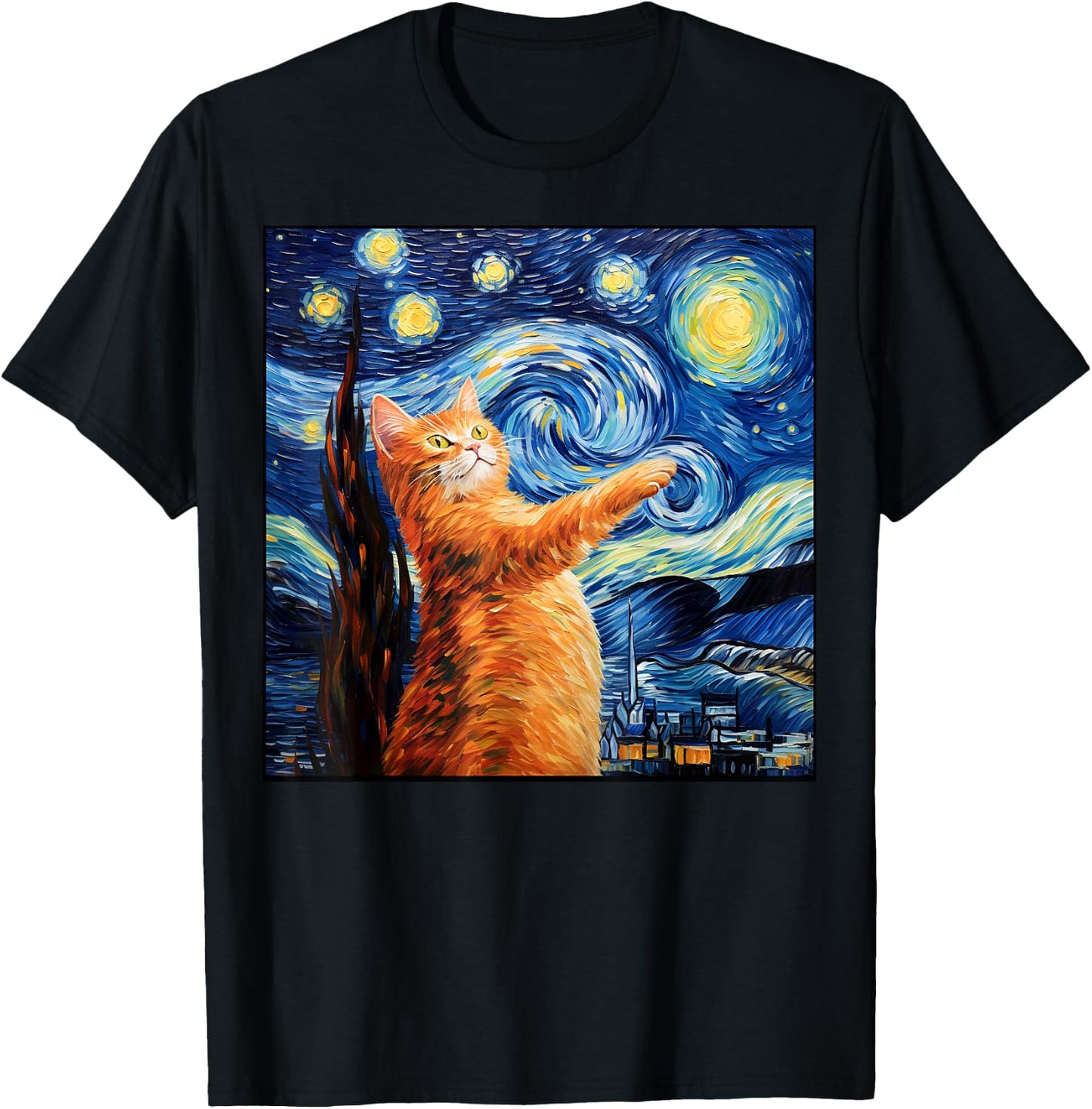 Art Van Gogh Starry Night Cat Painting Cats Lover Mom Dad T-Shirt - T-Shirt | Black