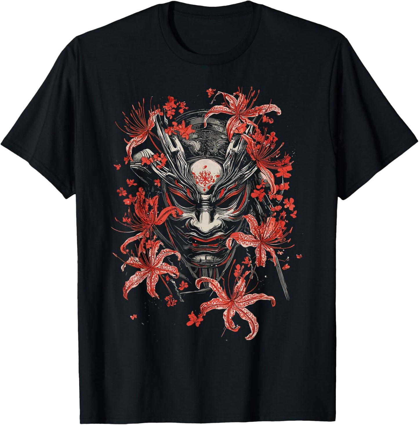 Red Spider Lily Flower Oni Mask Noh Japanese Anime Otaku T-Shirt - T-Shirt | Black