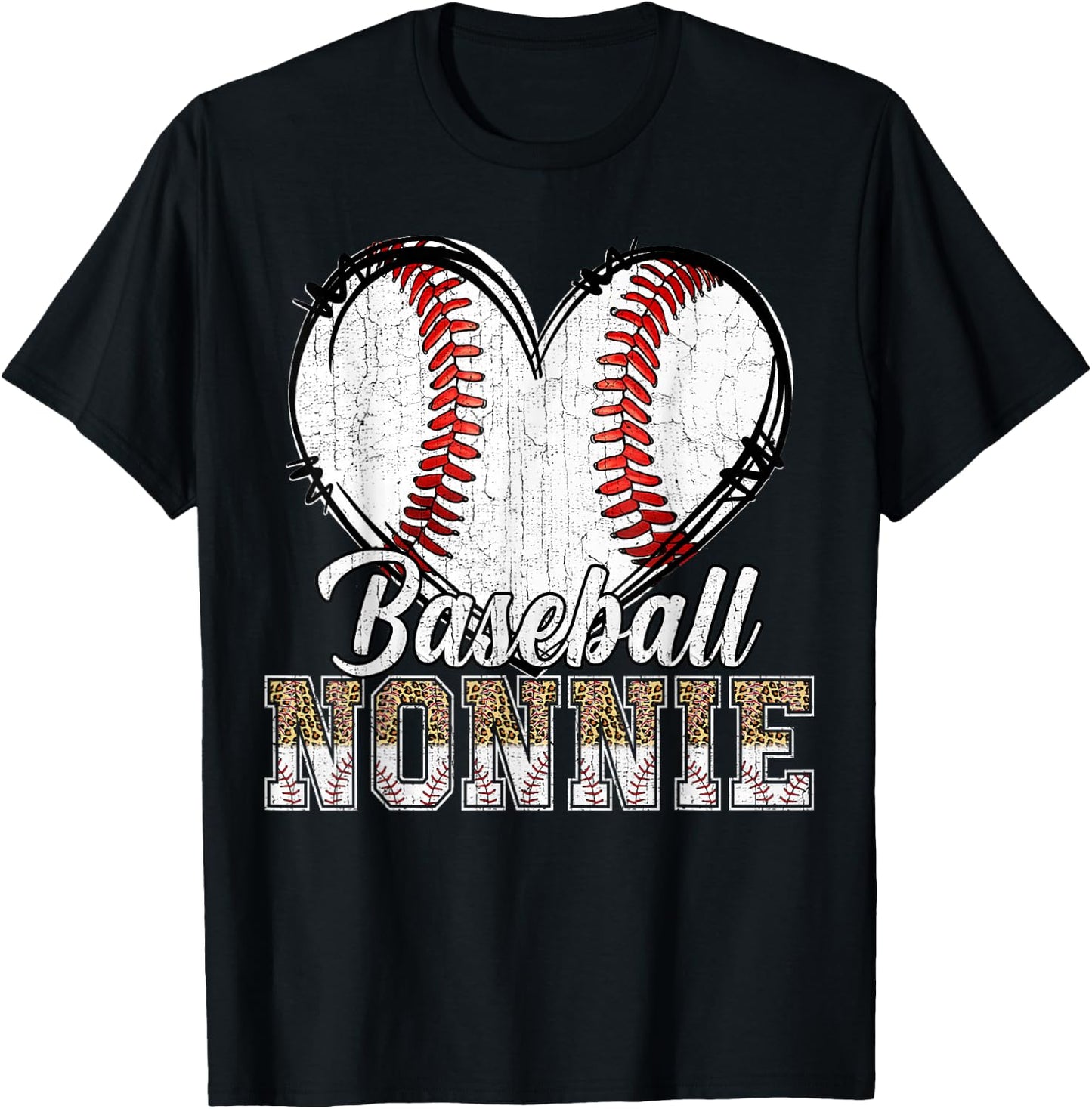 Softball Baseball Nonnie Heart Leopard Print Mother's Day T-Shirt - T-Shirt | Black