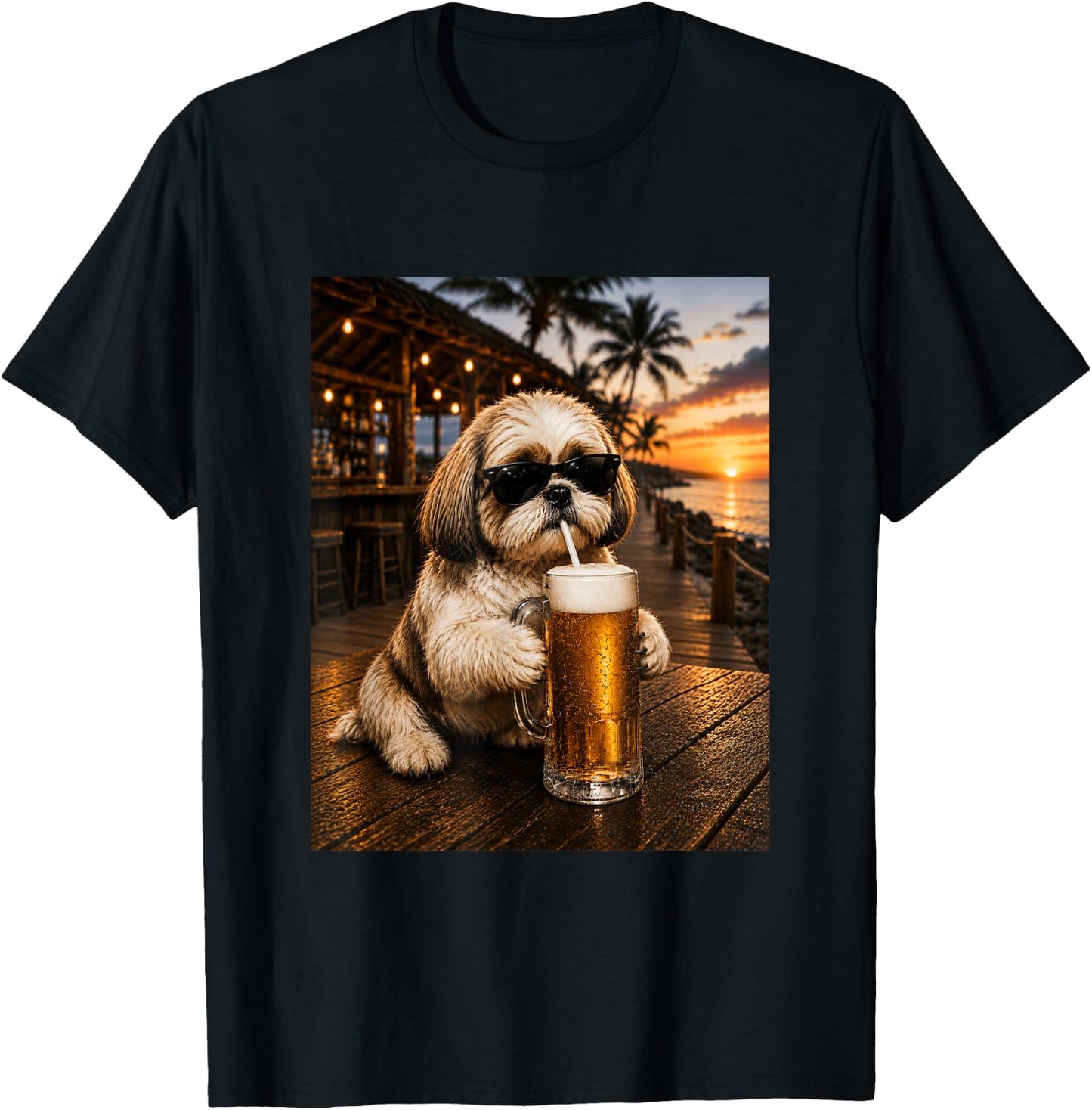 Funny Shih Tzu Drinking Beer Beach Sunset Men Women T-Shirt - T-Shirt | Black
