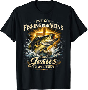 Fishing in My Veins Jesus in My Heart T-Shirt - T-Shirt | Black