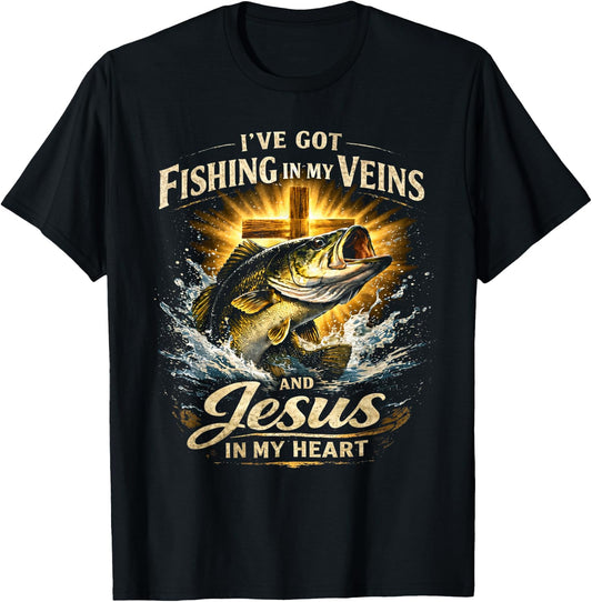 Fishing in My Veins Jesus in My Heart T-Shirt - T-Shirt | Black