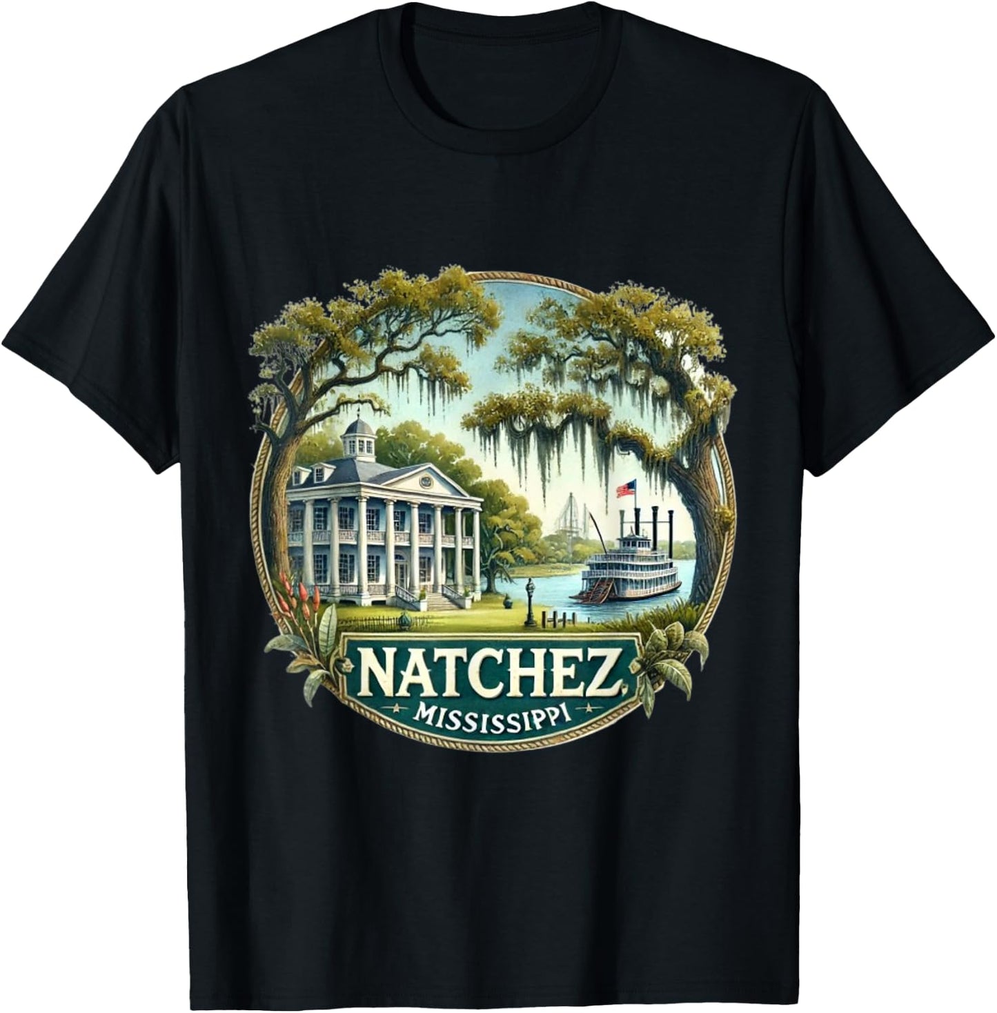 Natchez, MS Mississippi River Boat Plantation T-Shirt - T-Shirt | Black