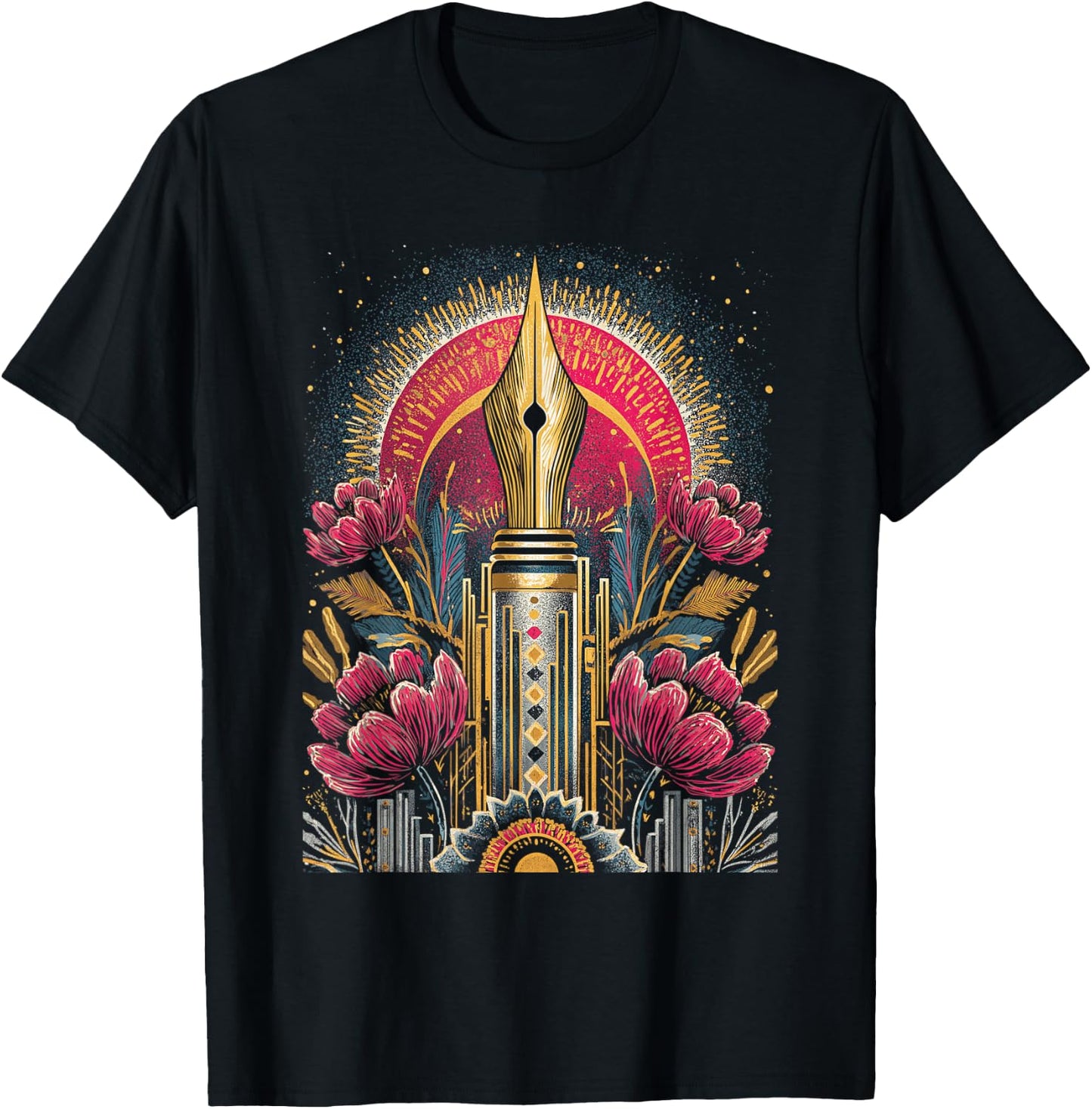 Art Deco Fountain Pen with Floral Ornament Retro Vintage T-Shirt - T-Shirt | Black