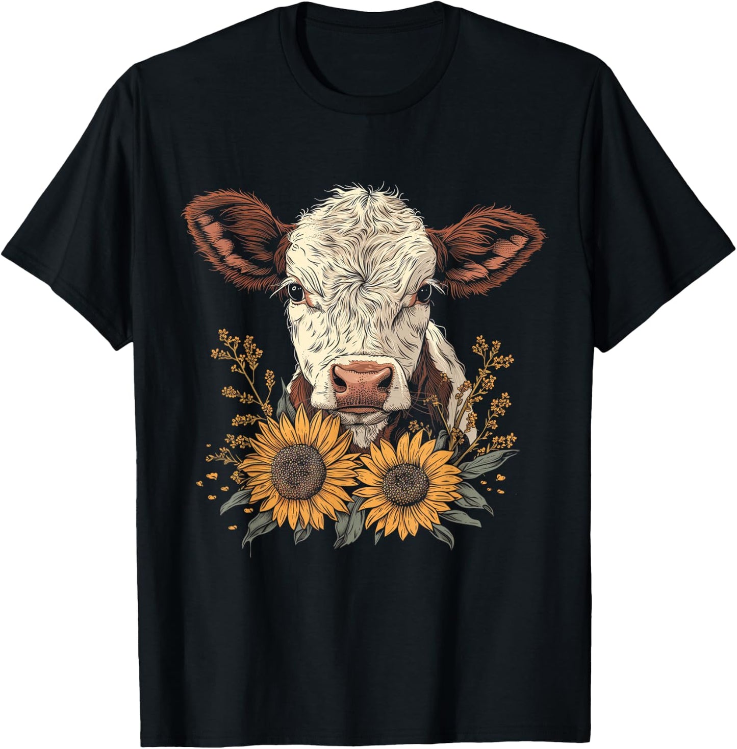 Cow Sunflowers Cute Baby Cow Vintage Farm Animals Farmer T-Shirt - T-Shirt | Black
