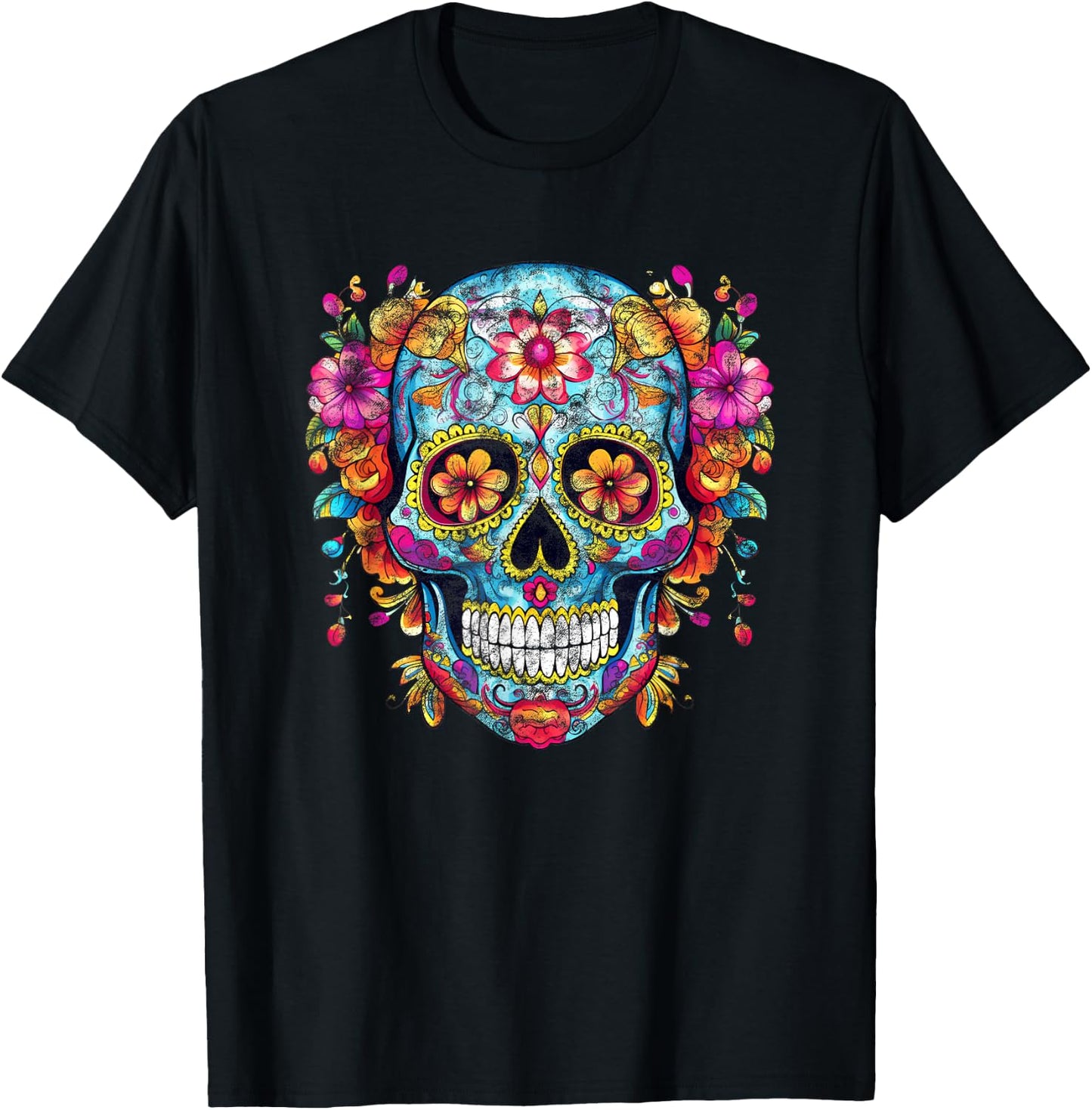 Bunter Mexikanischer Totenschädel Muster Blumen Halloween T-Shirt - T-Shirt | Black