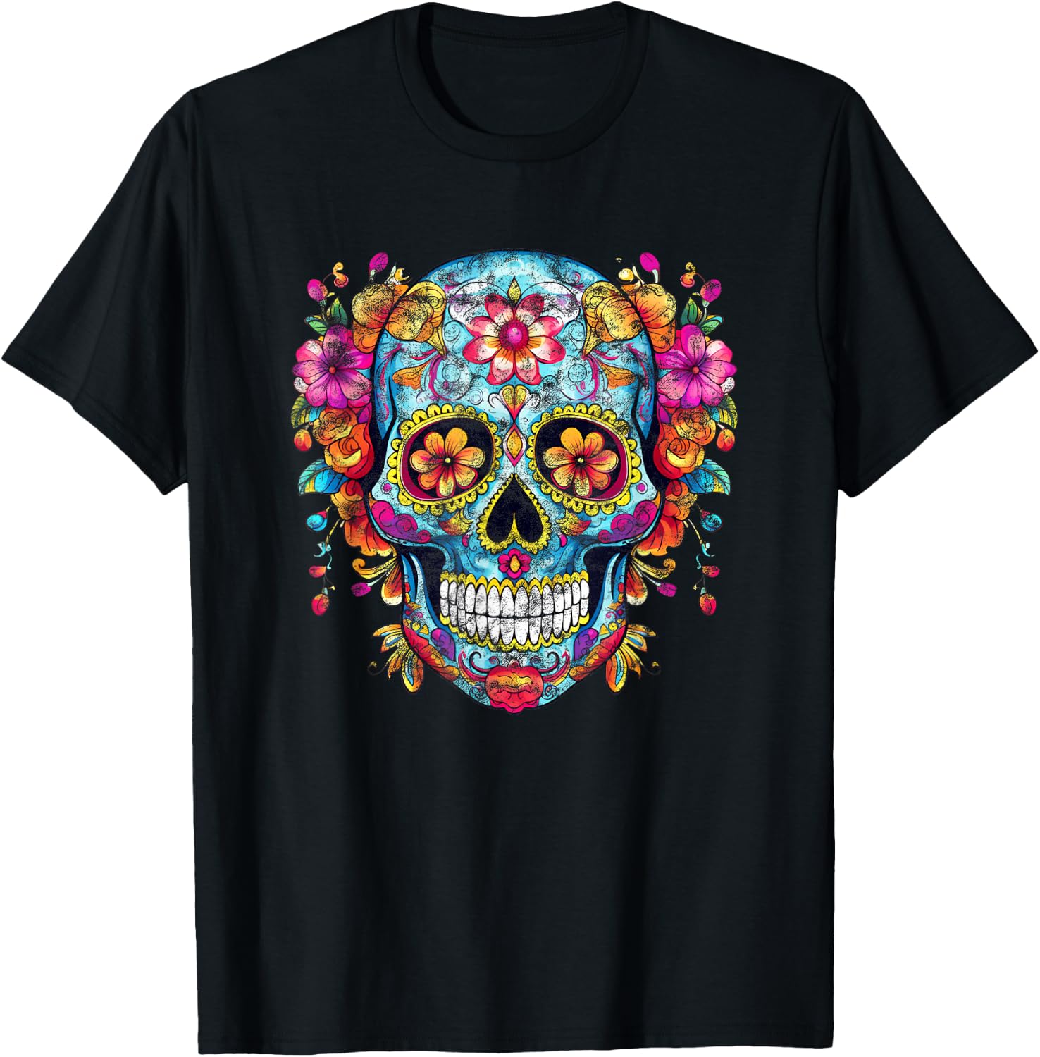Bunter Mexikanischer Totenschädel Muster Blumen Halloween T-Shirt - T-Shirt | Black