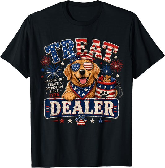 Dog Treat Dealer USA Patriotic 4th of July Golden Retriever T-Shirt - T-Shirt | Black