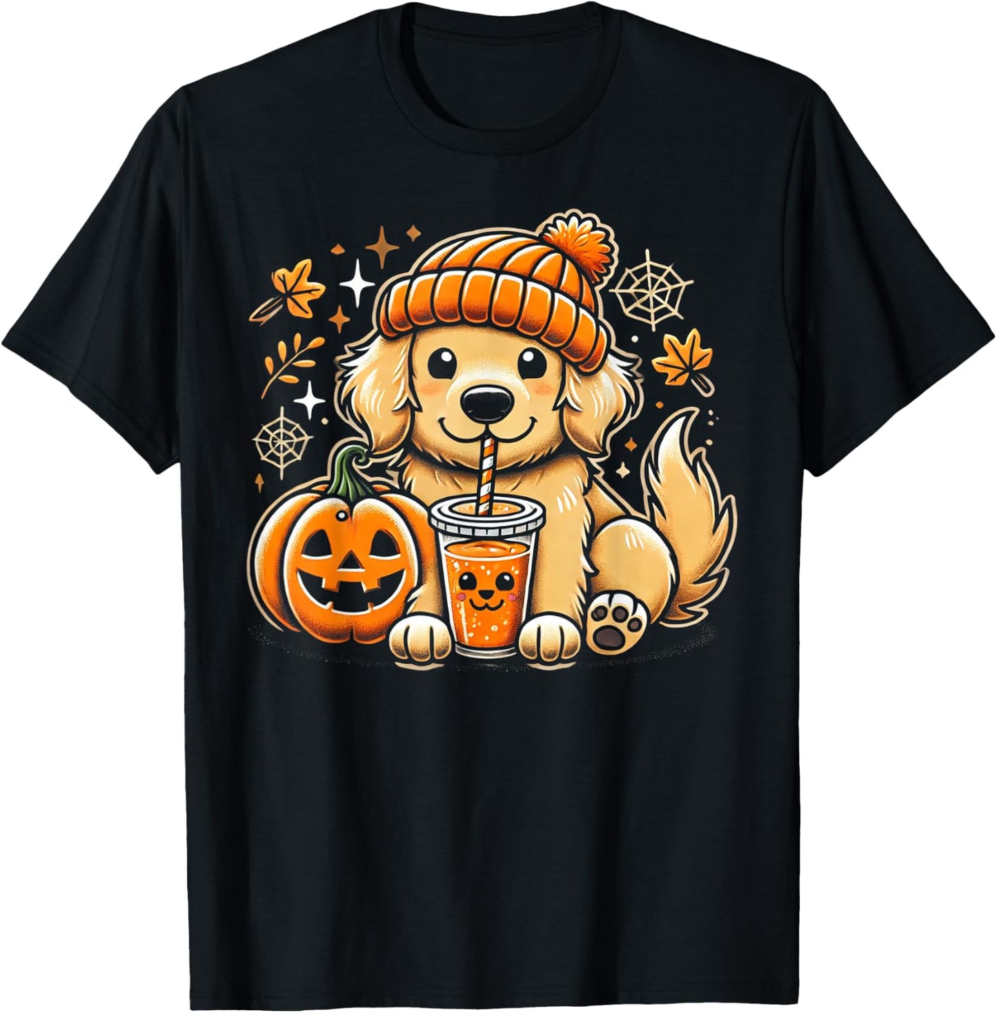 Cute Golden Retriever in Autumn with Pumpkin Drink T-Shirt - T-Shirt | Black