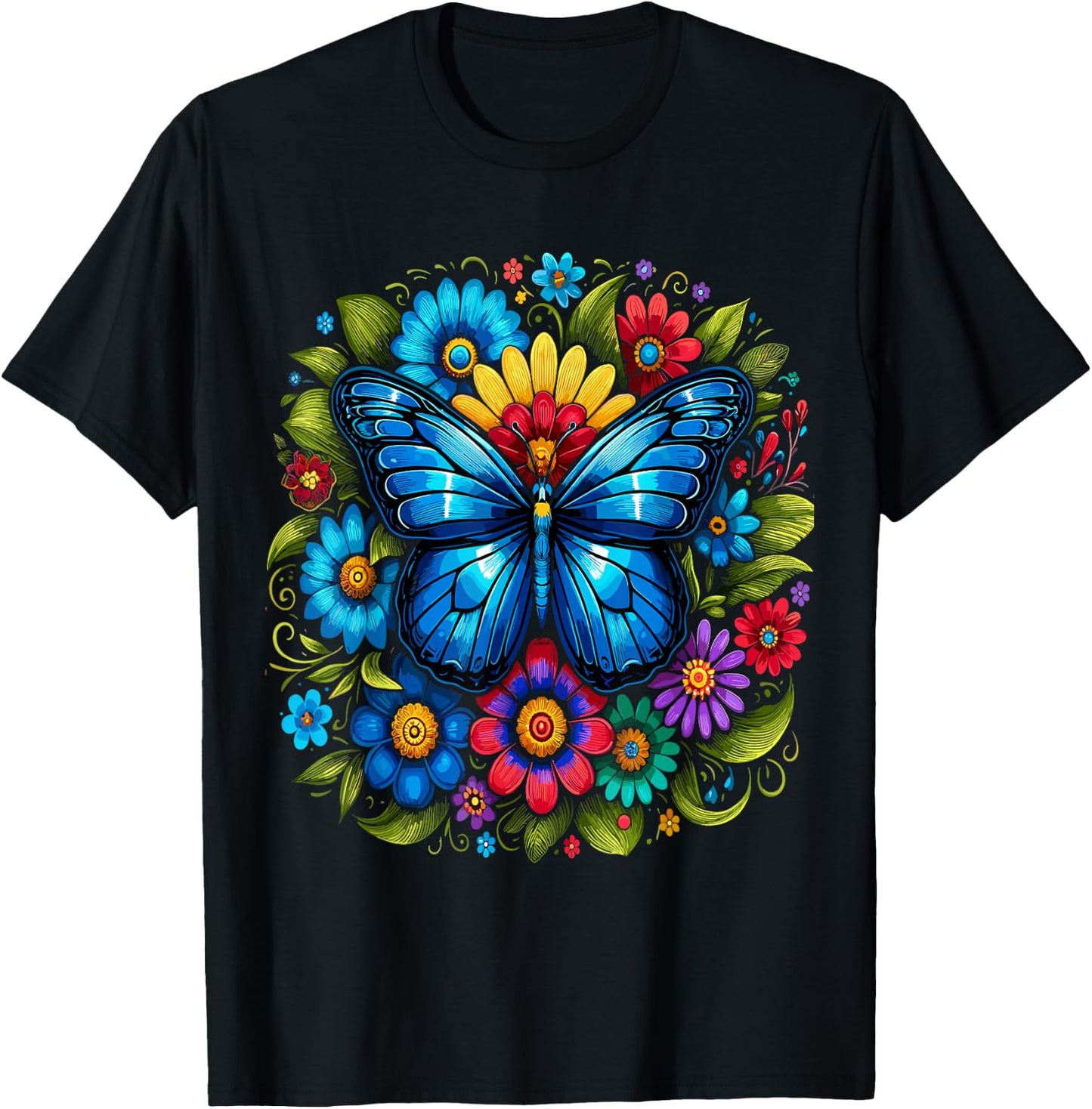 Blue Butterfly With Flowers Garden Beautiful Butterflies T-Shirt - T-Shirt | Black