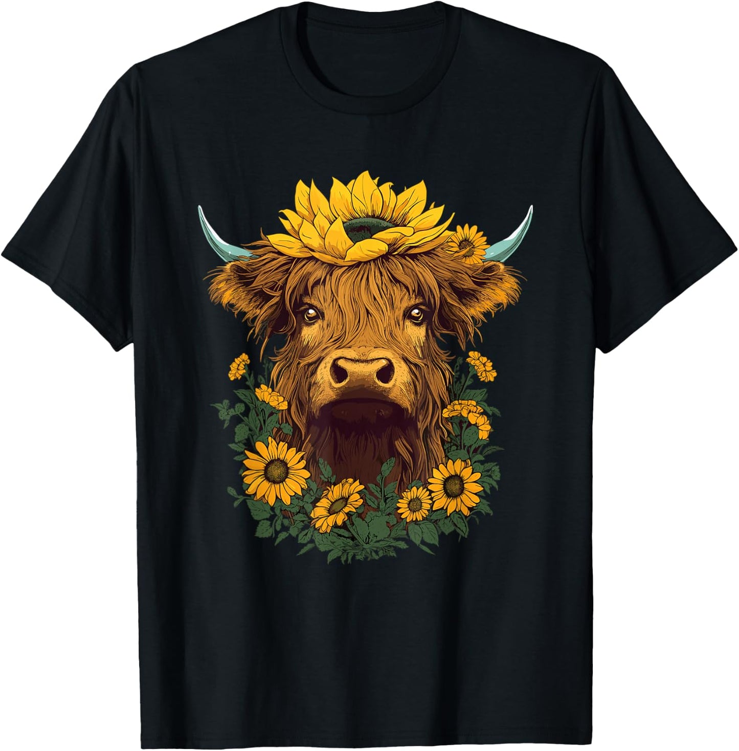 Highland Cow Sunflower Western Country T-Shirt - T-Shirt | Black