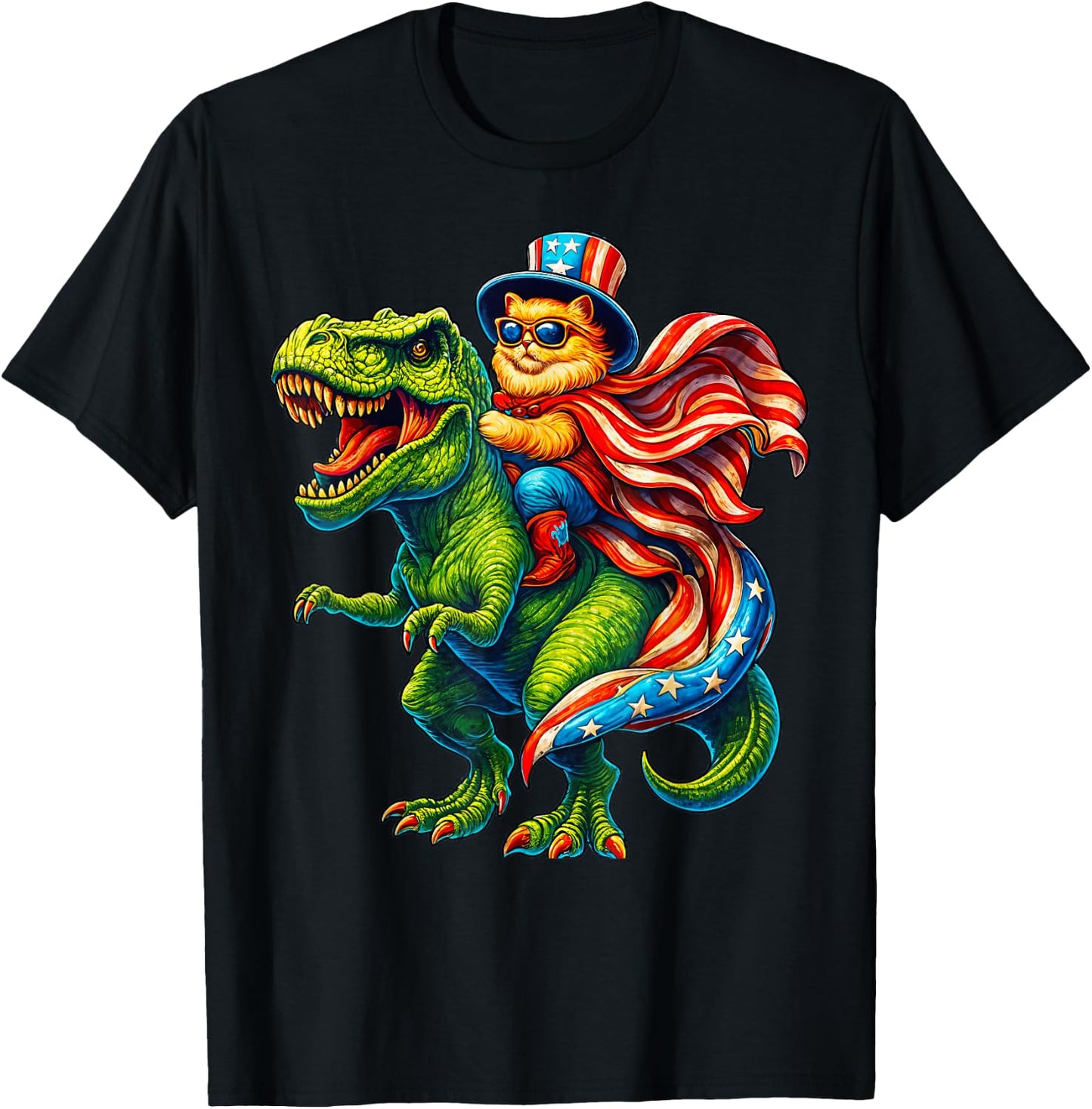 Patriotic Cat Riding T-Rex 4th of July Dinosaur USA Flag T-Shirt - T-Shirt | Black