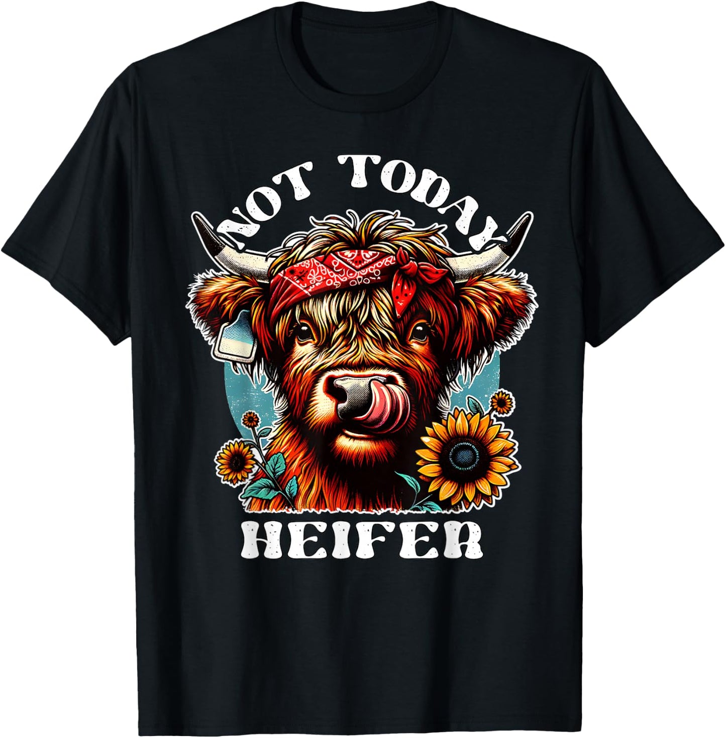 Not Today Heifer Retro Highland Cow Bandana Sunflowers T-Shirt - T-Shirt | Black