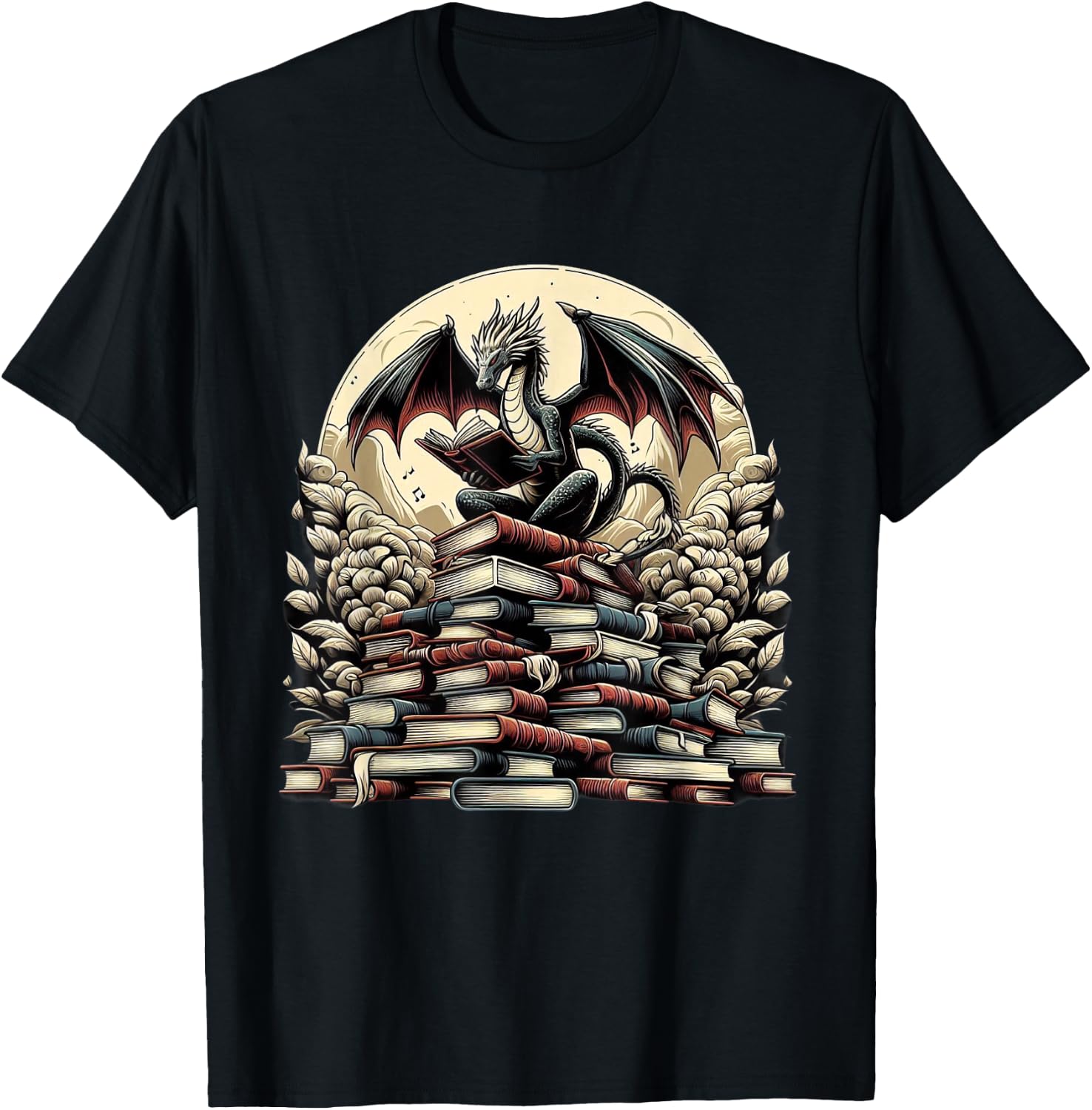 Dragon Reading a Book Dragons and Books Lover Bookworm T-Shirt - T-Shirt | Black