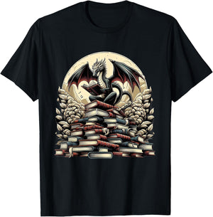 Dragon Reading a Book Dragons and Books Lover Bookworm T-Shirt - T-Shirt | Black