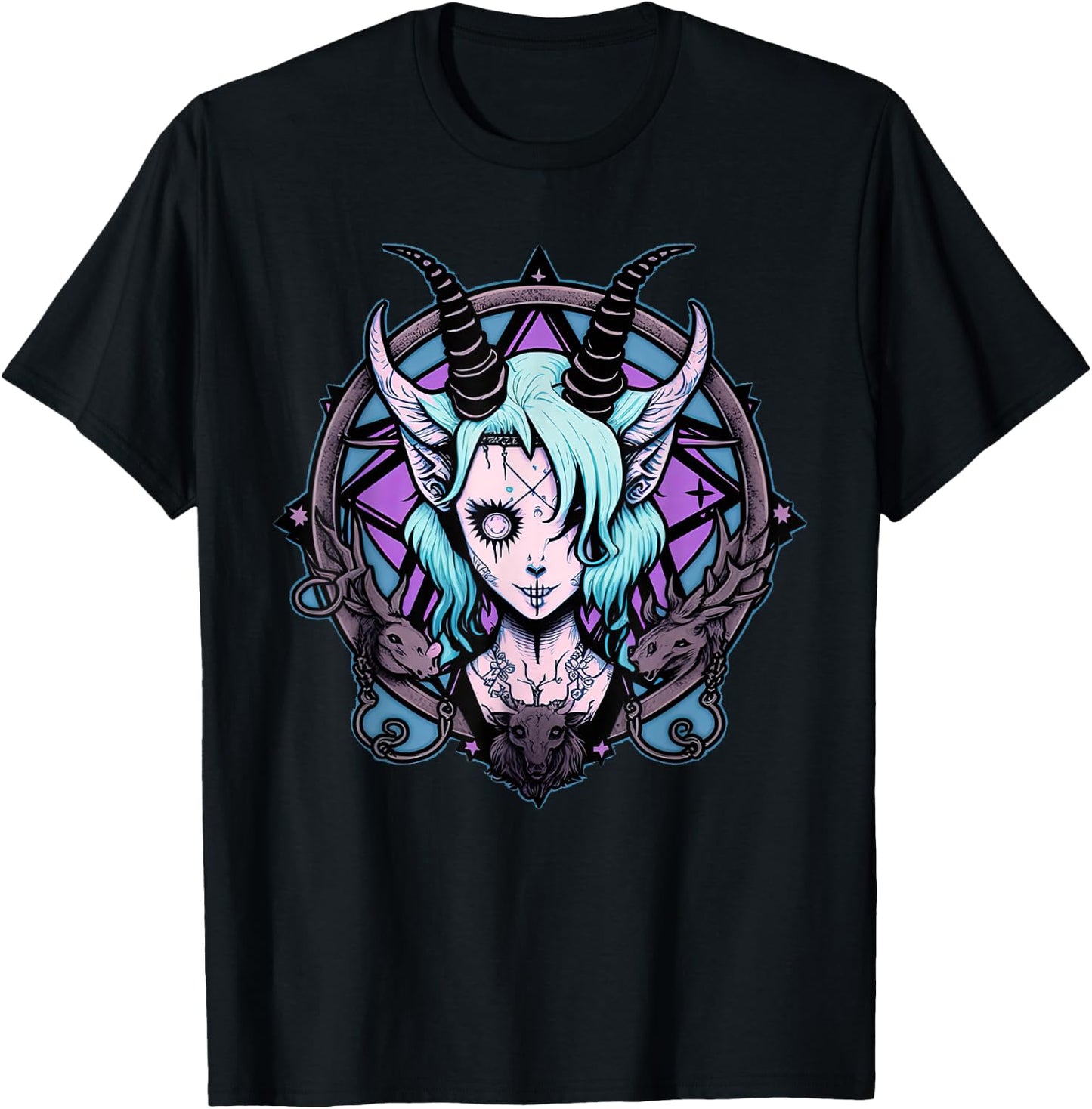 Kawaii Paste Scary Goat Pentacle T-Shirt - T-Shirt | Black