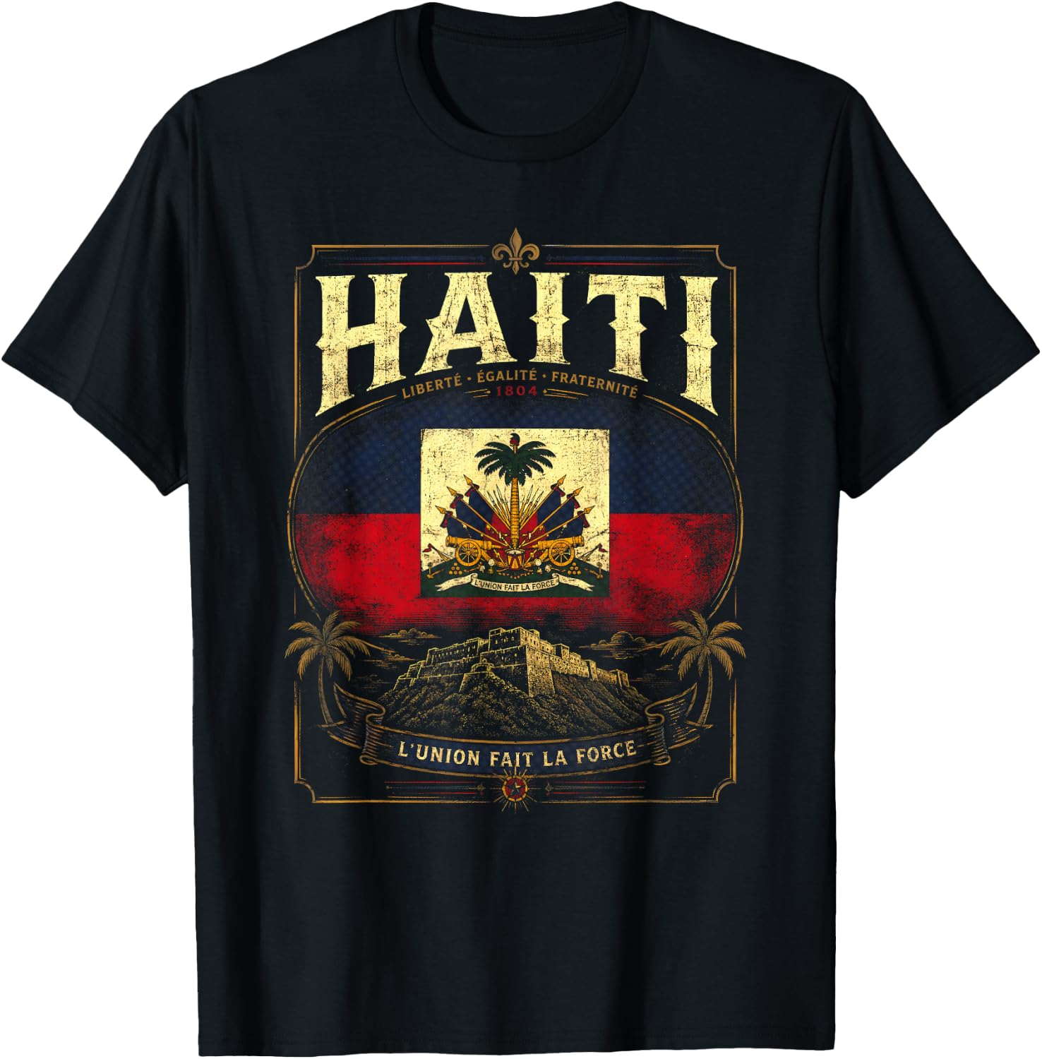 Vintage Haiti Flag Citadelle Laferrière Design T-Shirt - T-Shirt | Black