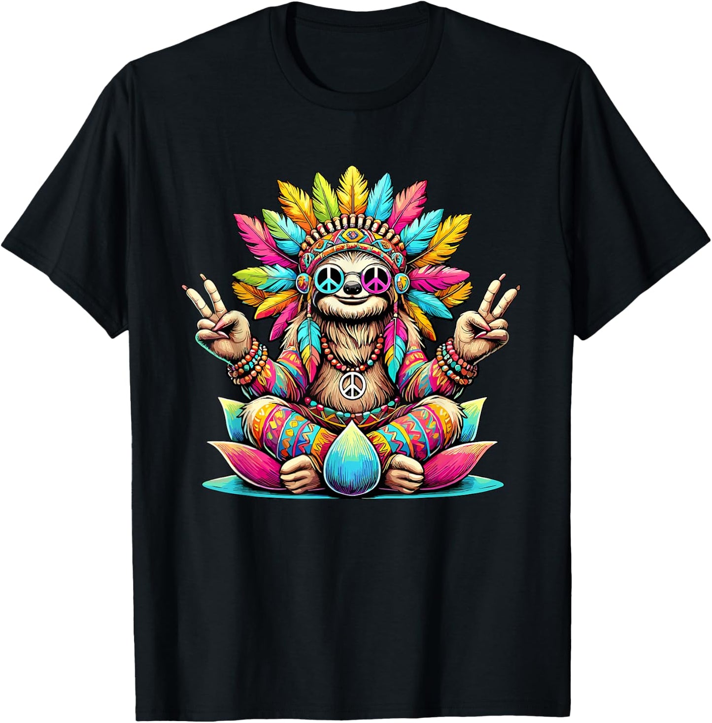 Hippie Sloth, Peace Sign, 70s Party & Costume 60s 70s , Black, S T-Shirt - T-Shirt | Black