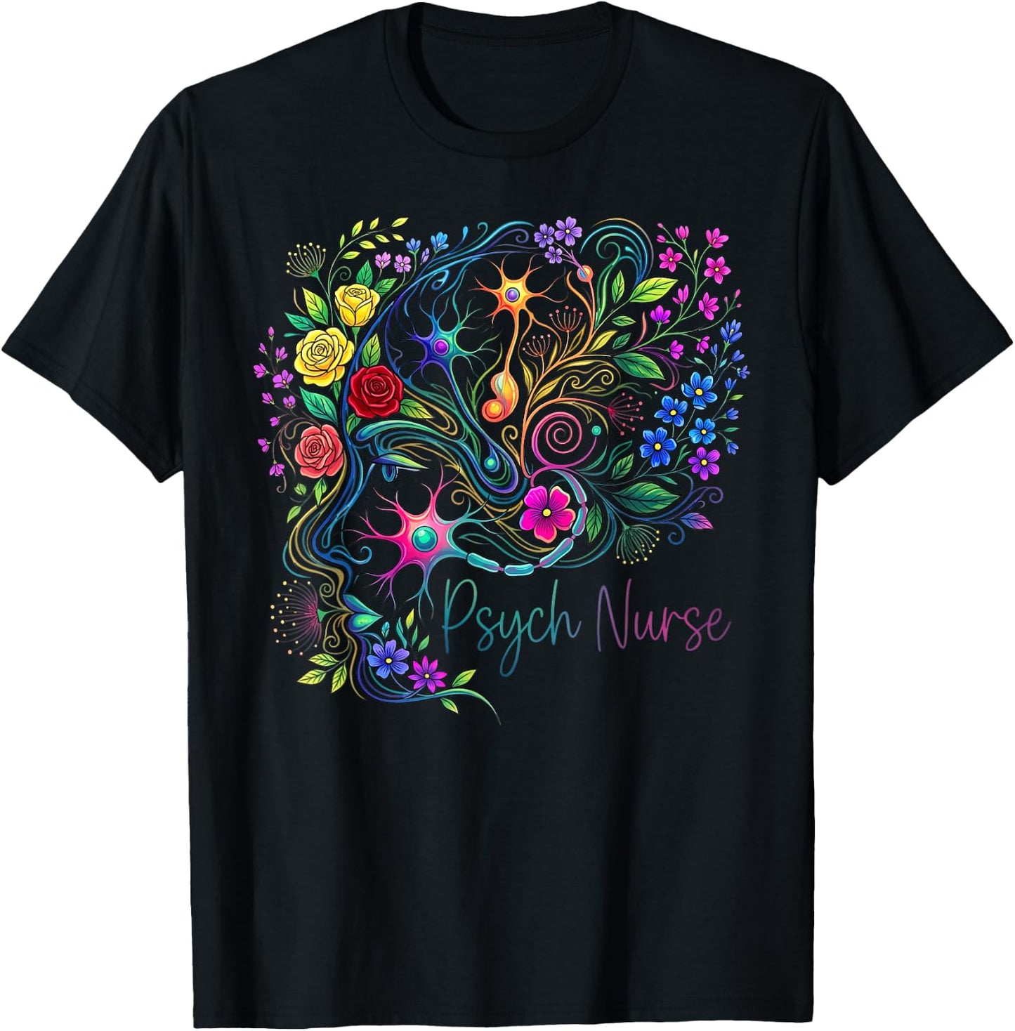 Floral Psych RN Psychiatric Nurse Mental Health Nursing Week T-Shirt - T-Shirt | Black