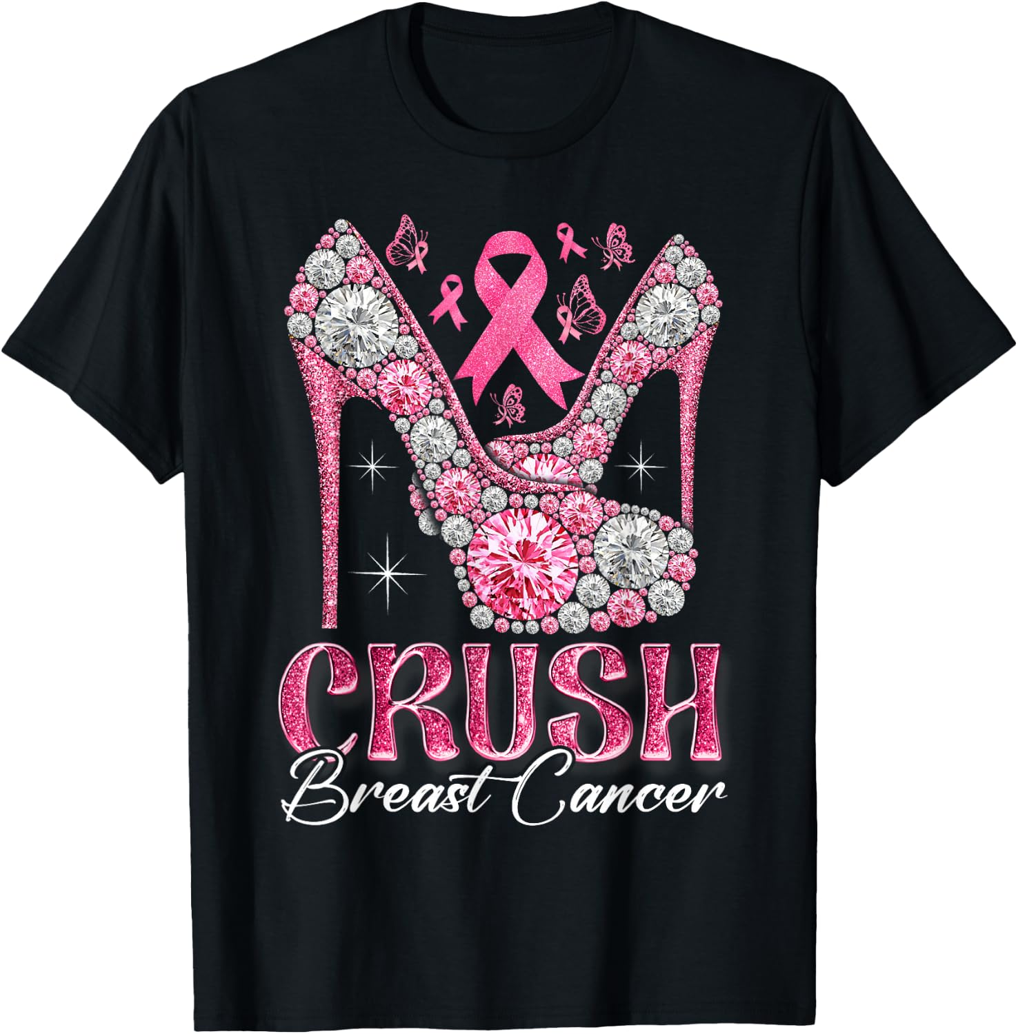 Crush Breast Cancer Awareness Bling Pink Ribbon High Heel T-Shirt - T-Shirt | Black