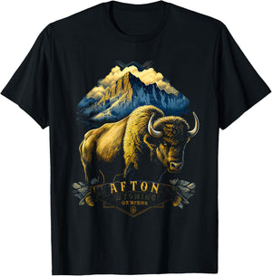 Vintage Afton Wyoming Mountains Bison Western T-Shirt - T-Shirt | Black
