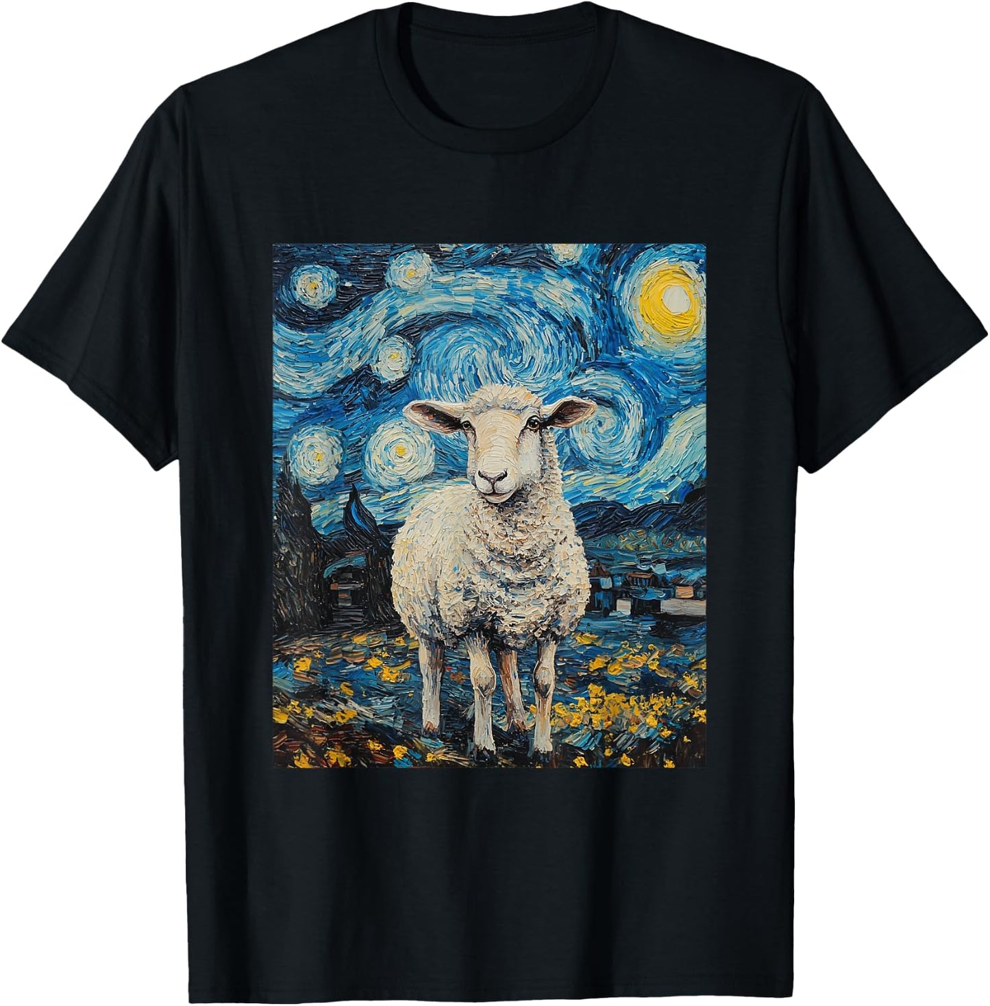 Funny Sheep Van Gogh Style Starry Night Graphic T-Shirt - T-Shirt | Black