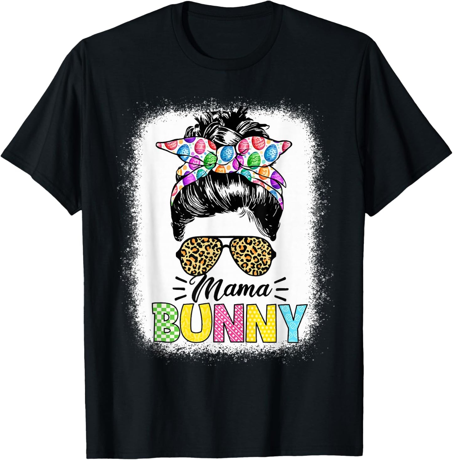 Mama Bunny Shirt Easter Mom Messy Bun Leopard T-Shirt - T-Shirt | Black