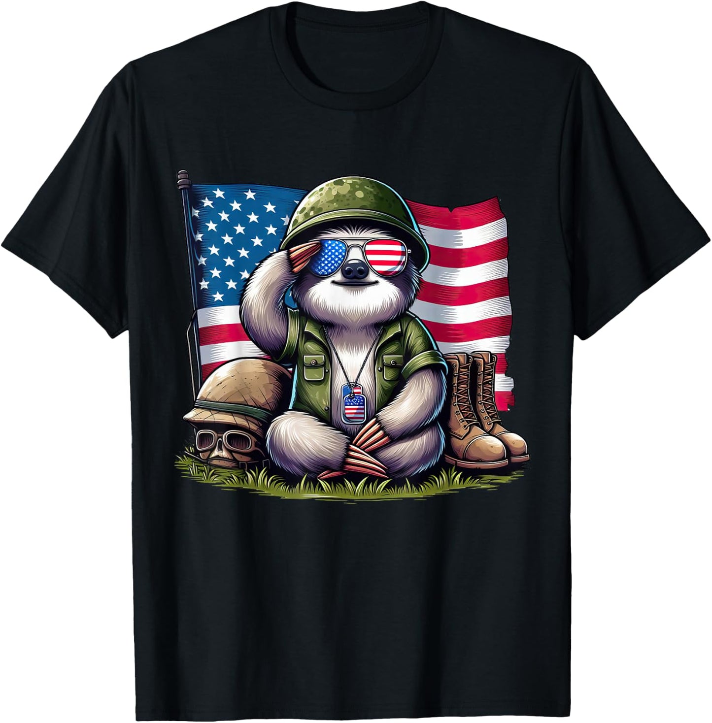 Salute Sloth American USA Flag Memorial Day 4th of July T-Shirt - T-Shirt | Black