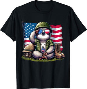 Salute Sloth American USA Flag Memorial Day 4th of July T-Shirt - T-Shirt | Black