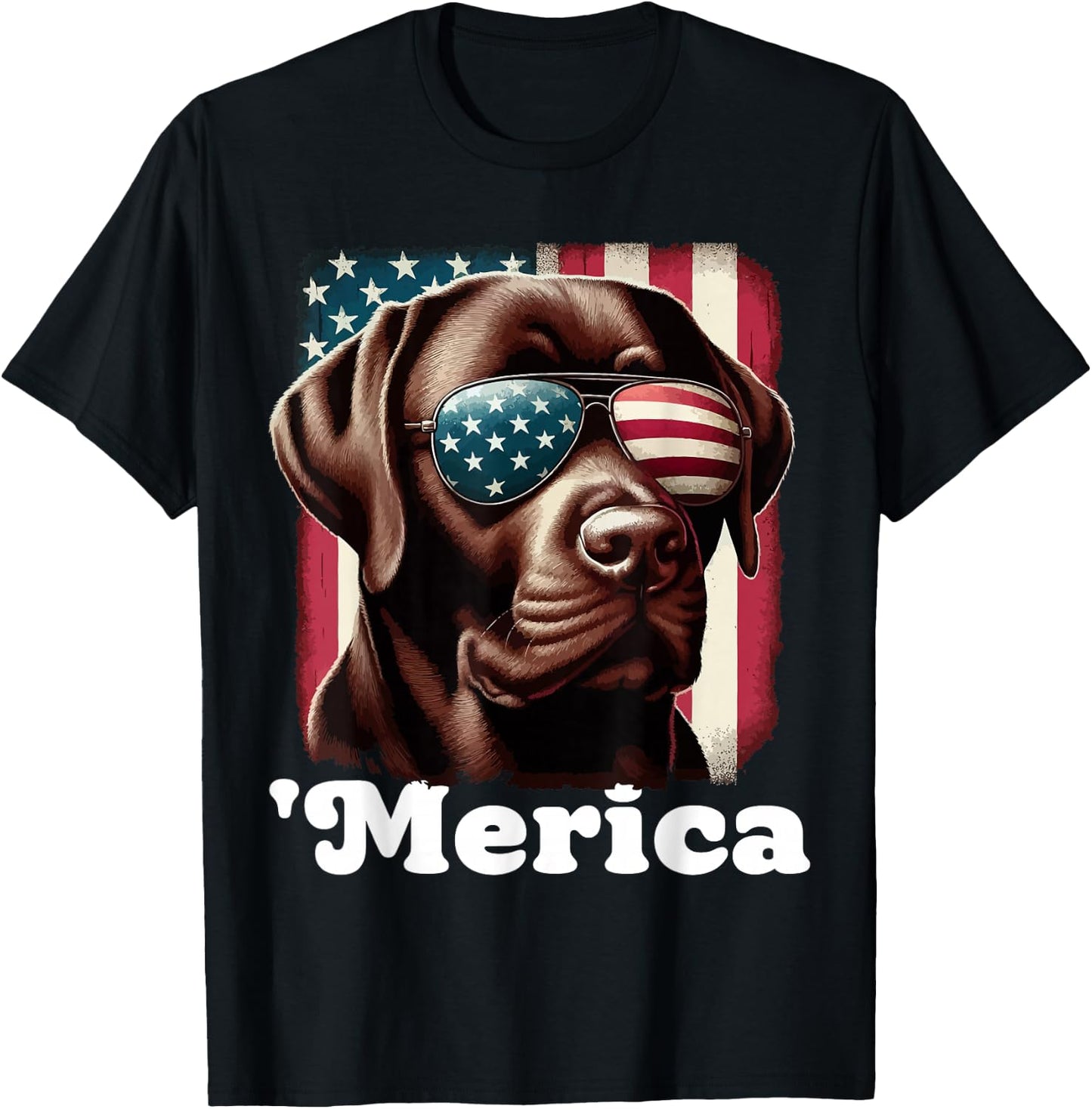 Merica Chocolate Lab Flag USA Patriotic 4th of July Labrador T-Shirt - T-Shirt | Black