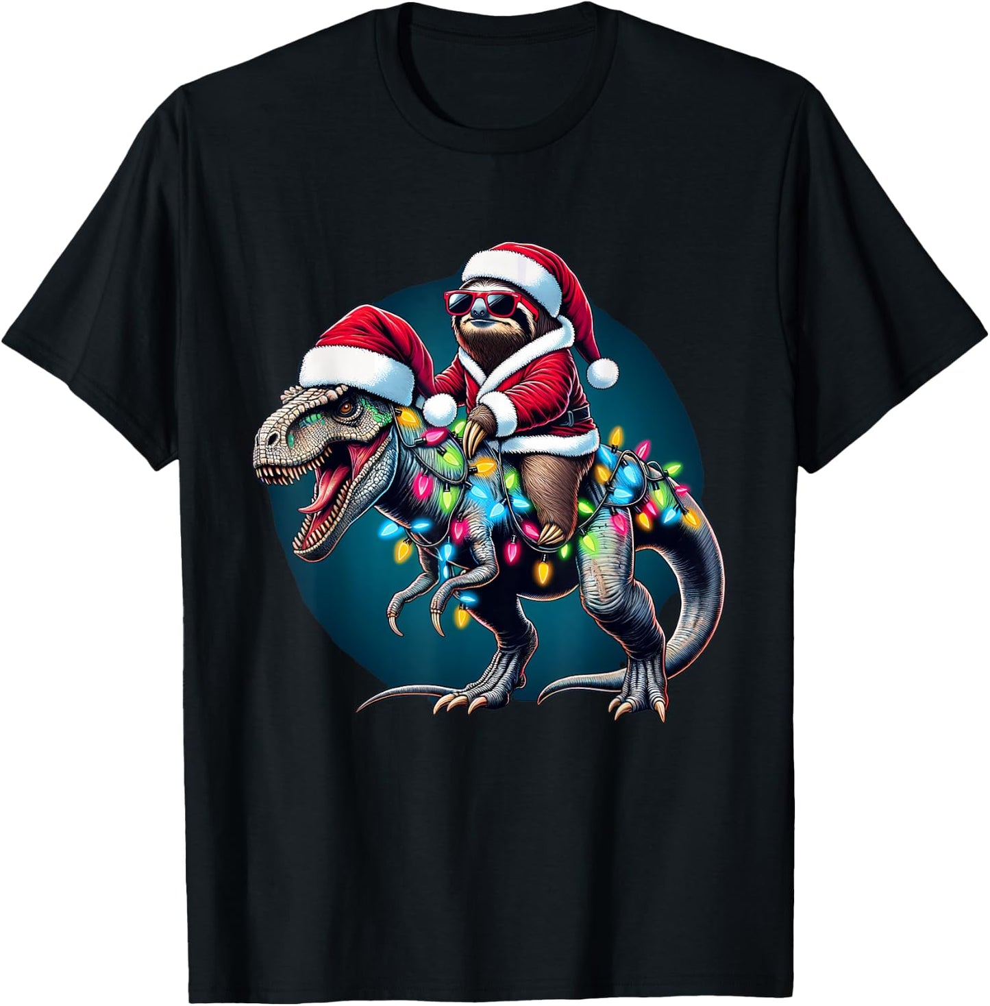 Christmas Lights Sloth Riding T Rex T-Shirt - T-Shirt | Black