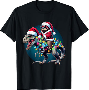 Christmas Lights Sloth Riding T Rex T-Shirt - T-Shirt | Black