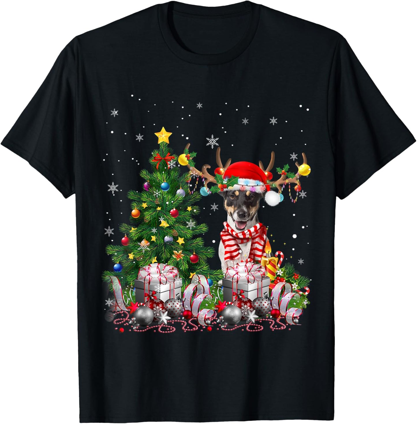 Jack Russell Terrier Christmas Tree Light Santa Pajamas Xmas T-Shirt - T-Shirt | Black