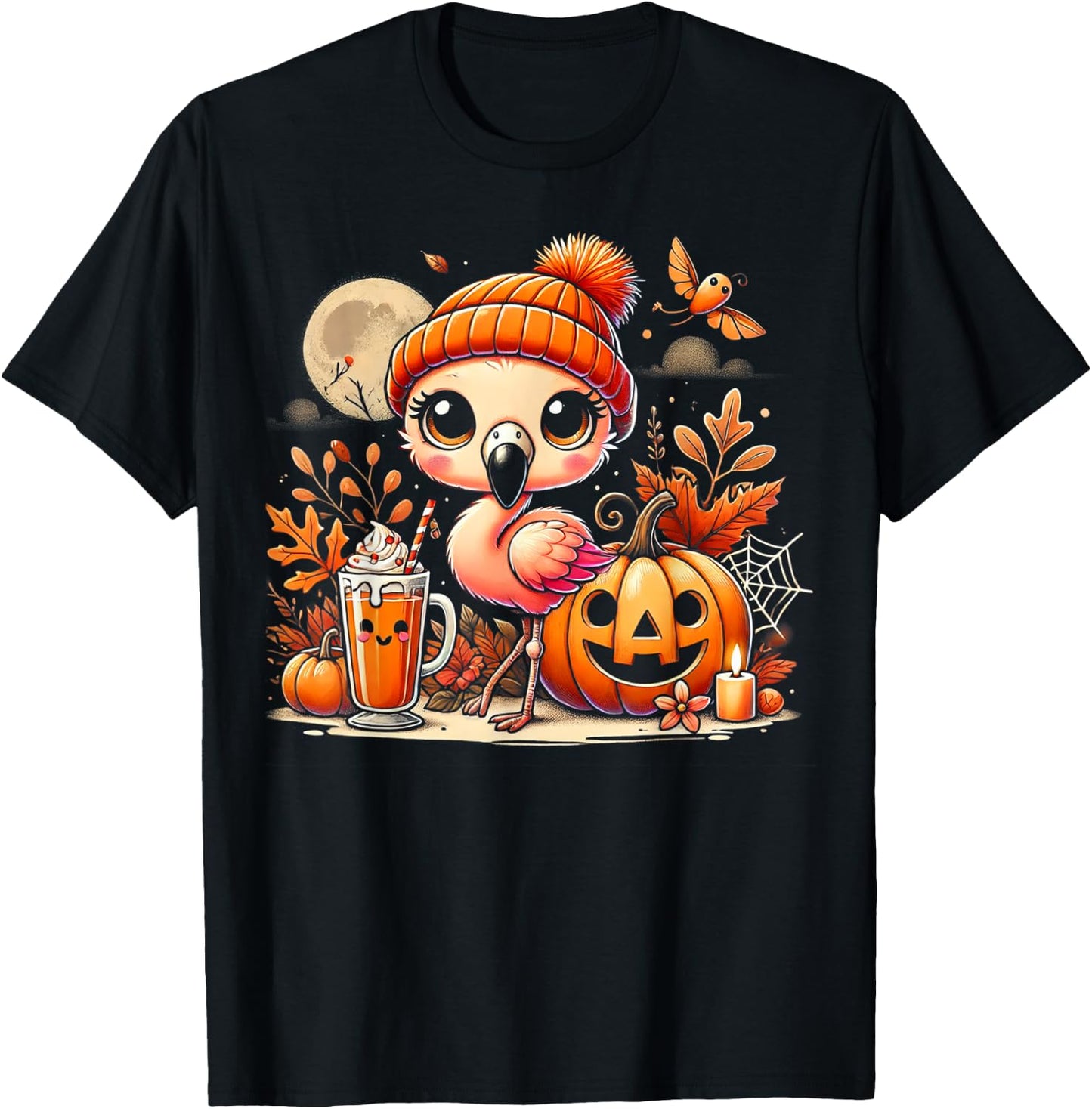 Cute flamingo in Autumn with Pumpkin Drink T-Shirt - T-Shirt | Black