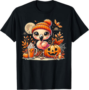 Cute flamingo in Autumn with Pumpkin Drink T-Shirt - T-Shirt | Black